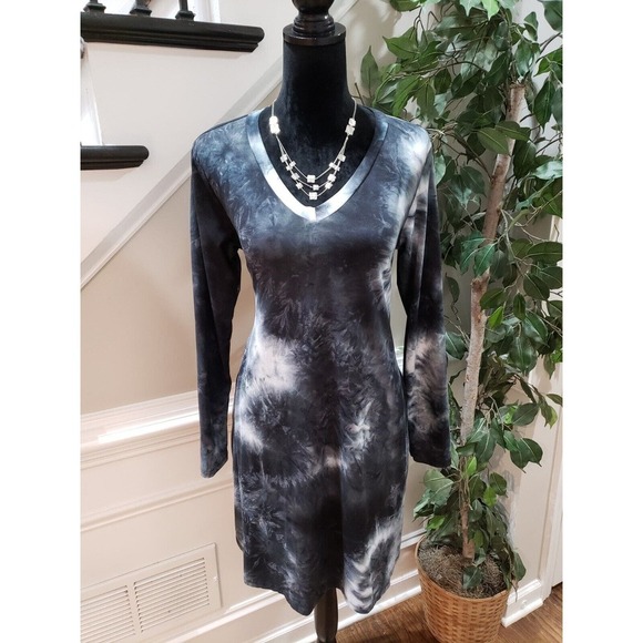 Dress Up Black & White Tie Dye Rayon V-Neck Long Sleeve Knee Length Dress Small - Picture 12 of 12